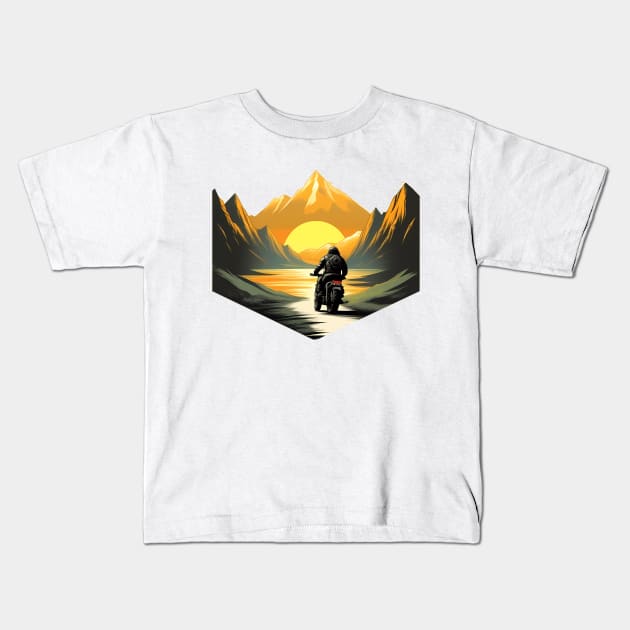 Biker between Mountains Kids T-Shirt by The Dark Matter Art